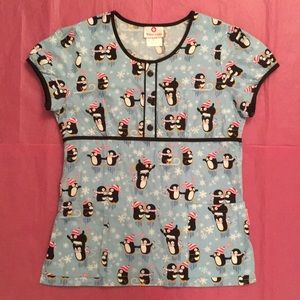 White Cross Winter Penguins Scrub Top Size Small